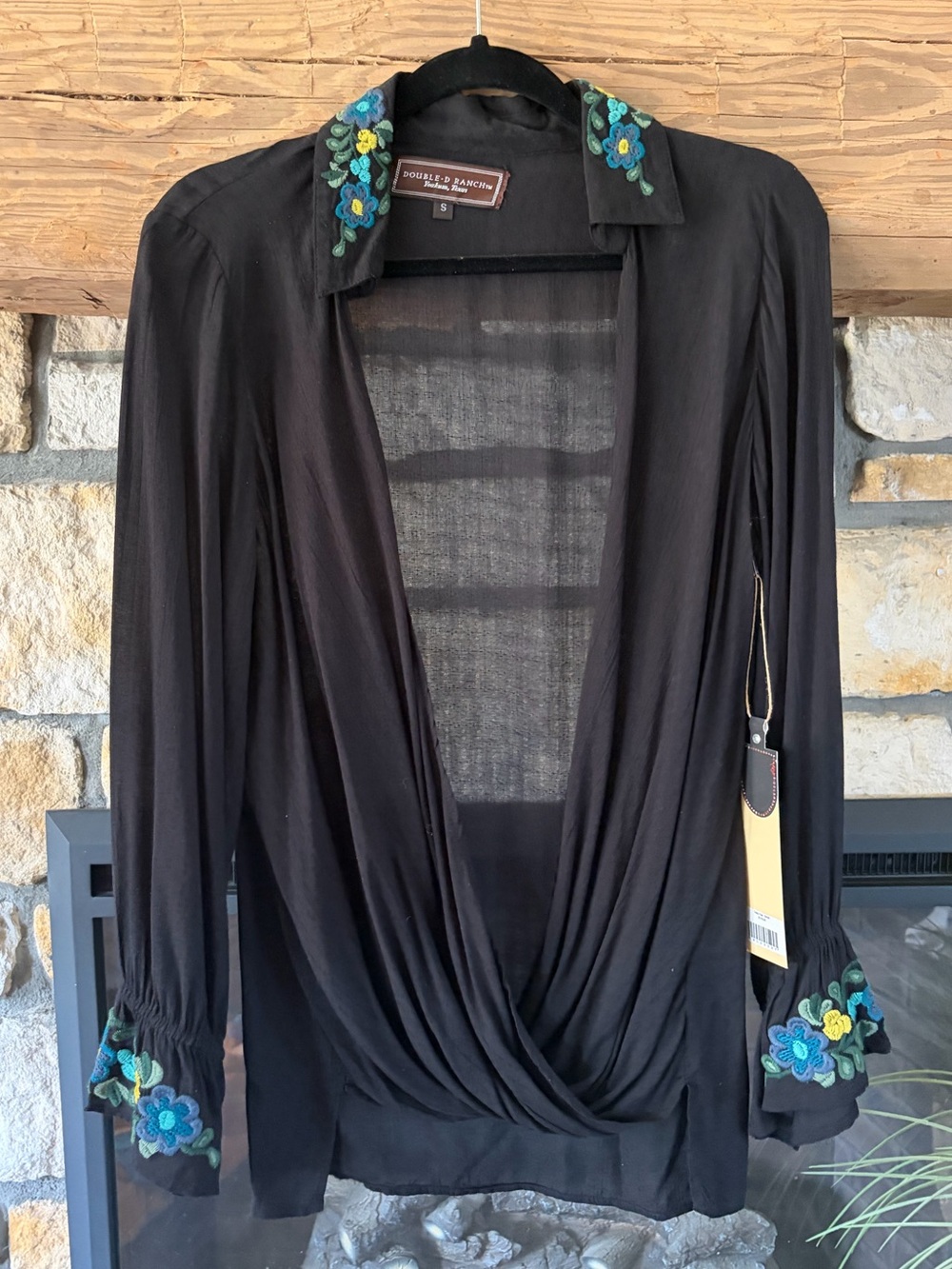 Double D Ranch Black Floral-Trim Drape Front Women's Daka Top